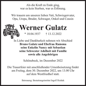 Traueranzeige von Werner Gulatz  von Magdeburger Volksstimme