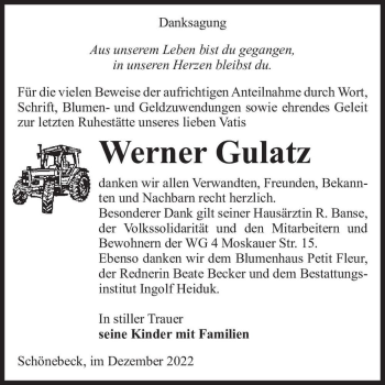 Traueranzeige von Werner Gulatz  von Magdeburger Volksstimme