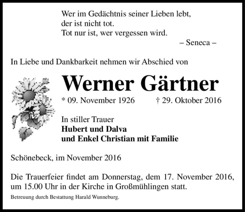  Traueranzeige für Werner Gärtner  vom 05.11.2016 aus Magdeburger Volksstimme
