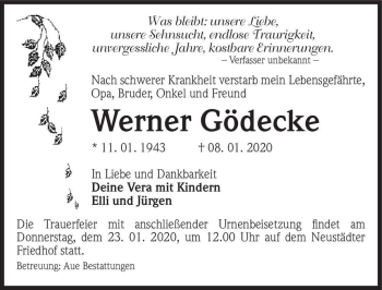 Traueranzeige von Werner Gödecke  von Magdeburger Volksstimme