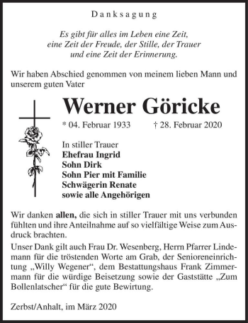 Traueranzeige von Werner Göricke  von Magdeburger Volksstimme