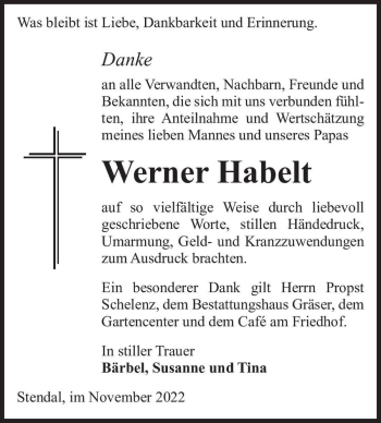Traueranzeige von Werner Habelt  von Magdeburger Volksstimme