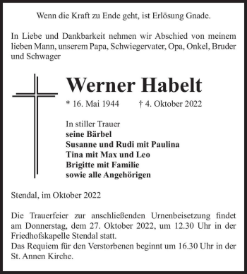 Traueranzeige von Werner Habelt  von Magdeburger Volksstimme