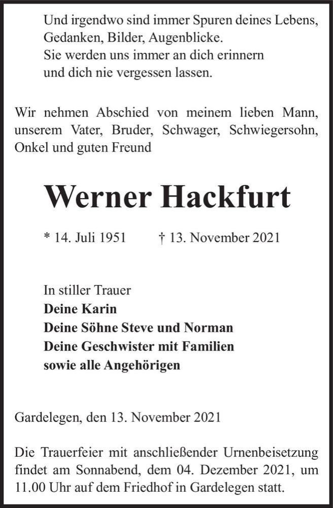  Traueranzeige für Werner Hackfurt  vom 20.11.2021 aus Magdeburger Volksstimme
