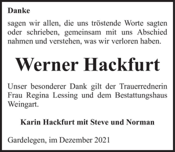 Traueranzeige von Werner Hackfurt  von Magdeburger Volksstimme