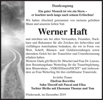 Traueranzeige von Werner Haft  von Magdeburger Volksstimme