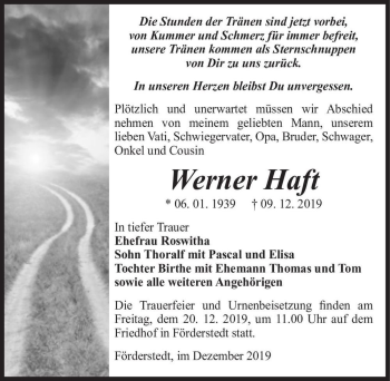 Traueranzeige von Werner Haft  von Magdeburger Volksstimme