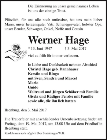 Traueranzeige von Werner Hage  von Magdeburger Volksstimme