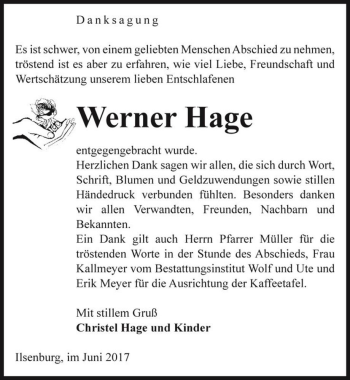 Traueranzeige von Werner Hage  von Magdeburger Volksstimme