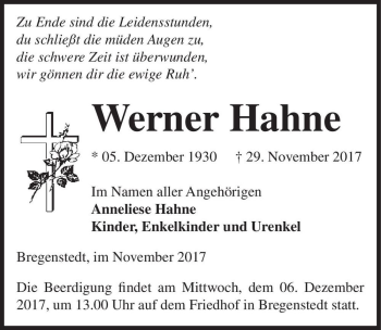Traueranzeige von Werner Hahne  von Magdeburger Volksstimme