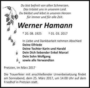Traueranzeige von Werner Hamann  von Magdeburger Volksstimme