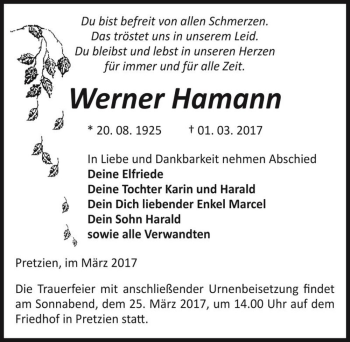 Traueranzeige von Werner Hamann  von Magdeburger Volksstimme
