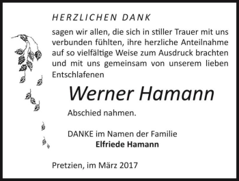Traueranzeige von Werner Hamann  von Magdeburger Volksstimme