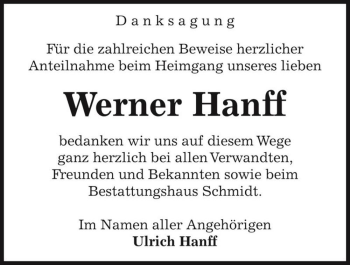 Traueranzeige von Werner Hanff  von Magdeburger Volksstimme