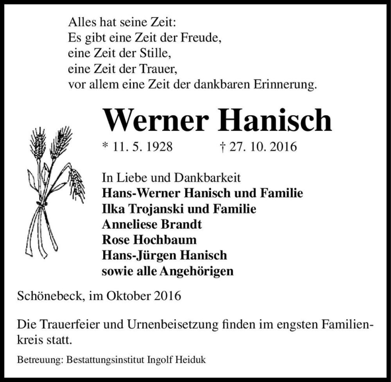  Traueranzeige für Werner Hanisch  vom 05.11.2016 aus Magdeburger Volksstimme