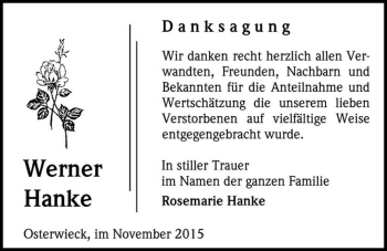 Traueranzeige von Werner Hanke  von Magdeburger Volksstimme