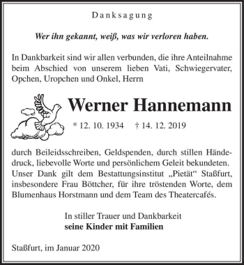 Traueranzeige von Werner Hannemann  von Magdeburger Volksstimme