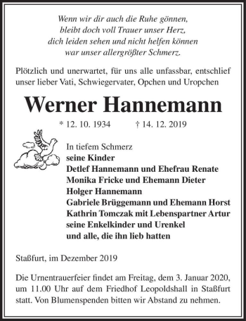 Traueranzeige von Werner Hannemann  von Magdeburger Volksstimme