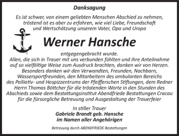 Traueranzeige von Werner Hansche  von Magdeburger Volksstimme