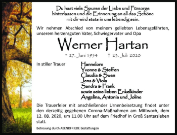 Traueranzeige von Werner Hartan  von Magdeburger Volksstimme
