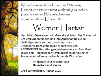 Traueranzeige von Werner Hartan  von Magdeburger Volksstimme