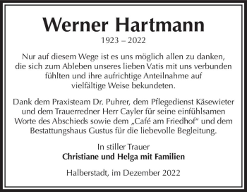 Traueranzeige von Werner Hartmann  von Magdeburger Volksstimme