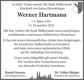 Traueranzeige von Werner Hartmann  von Magdeburger Volksstimme