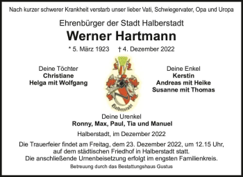 Traueranzeige von Werner Hartmann  von Magdeburger Volksstimme