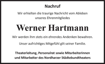 Traueranzeige von Werner Hartmann  von Magdeburger Volksstimme