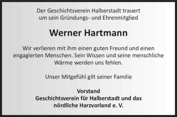 Traueranzeige von Werner Hartmann  von Magdeburger Volksstimme