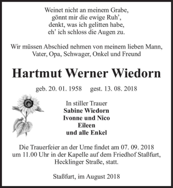 Traueranzeige von Werner Hartmut Wiedorn  von Magdeburger Volksstimme