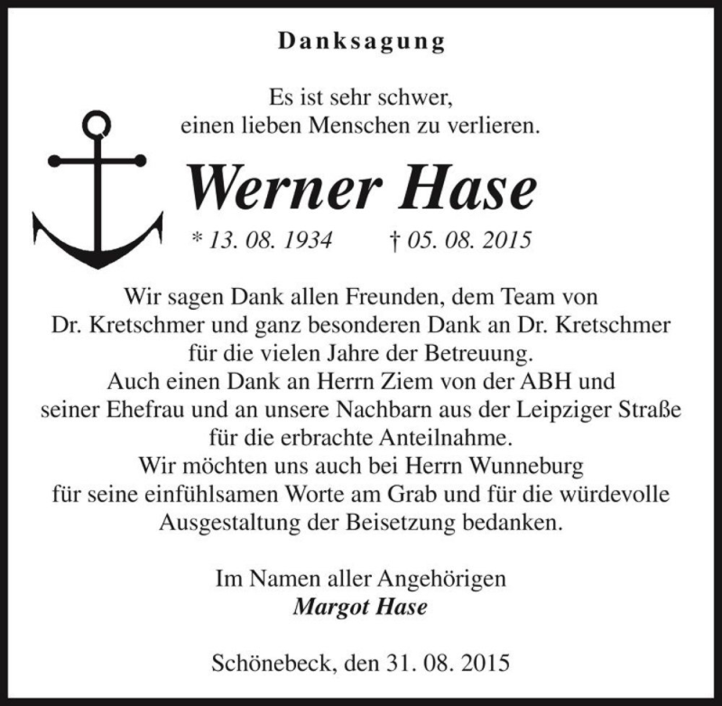  Traueranzeige für Werner Hase  vom 05.09.2015 aus Magdeburger Volksstimme