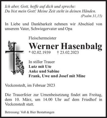 Traueranzeige von Werner Hasenbalg  von Magdeburger Volksstimme