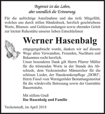 Traueranzeige von Werner Hasenbalg  von Magdeburger Volksstimme