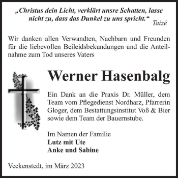 Traueranzeige von Werner Hasenbalg  von Magdeburger Volksstimme