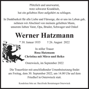 Traueranzeige von Werner Hatzmann  von Magdeburger Volksstimme