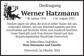 Traueranzeige von Werner Hatzmann  von Magdeburger Volksstimme