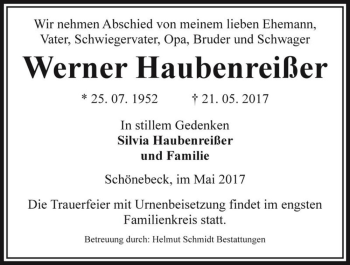 Traueranzeige von Werner Haubenreißer  von Magdeburger Volksstimme