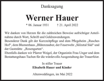 Traueranzeige von Werner Hauer  von Magdeburger Volksstimme