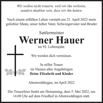 Traueranzeige von Werner Hauer  von Magdeburger Volksstimme