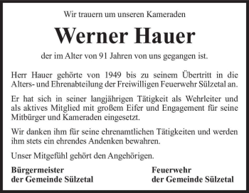 Traueranzeige von Werner Hauer  von Magdeburger Volksstimme