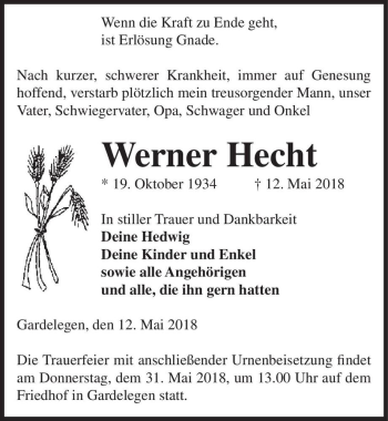Traueranzeige von Werner Hecht  von Magdeburger Volksstimme
