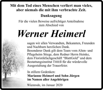 Traueranzeige von Werner Heimerl  von Magdeburger Volksstimme