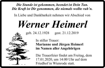 Traueranzeige von Werner Heimerl  von Magdeburger Volksstimme