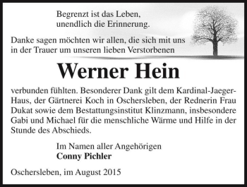 Traueranzeige von Werner Hein  von Magdeburger Volksstimme