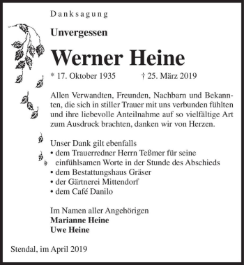 Traueranzeige von Werner Heine  von Magdeburger Volksstimme