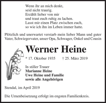 Traueranzeige von Werner Heine  von Magdeburger Volksstimme