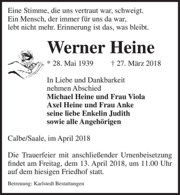 Traueranzeige von Werner Heine  von Magdeburger Volksstimme