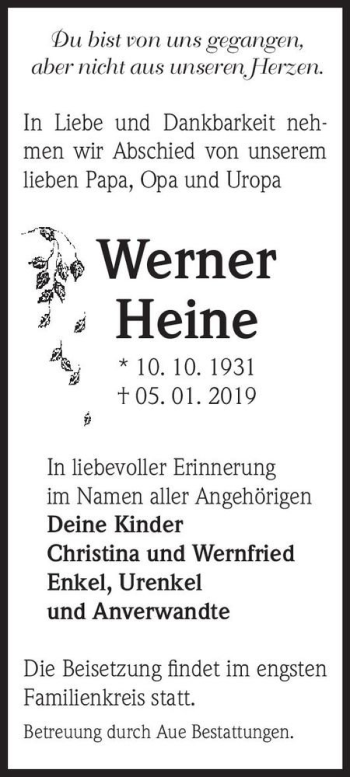 Traueranzeige von Werner Heine  von Magdeburger Volksstimme