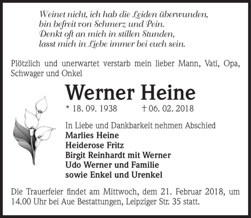  Traueranzeige für Werner Heine  vom 10.02.2018 aus Magdeburger Volksstimme